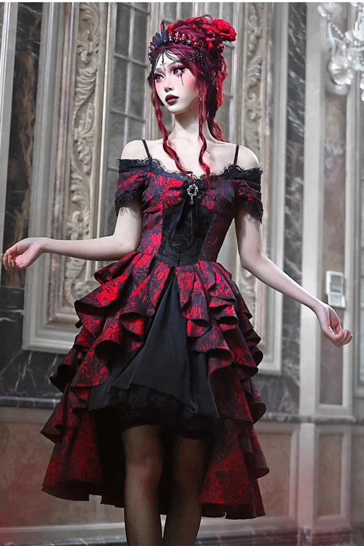 Black/Red Feast in Hades Short Sleeves Print Ruffle Cardigan Gothic Lolita Dress