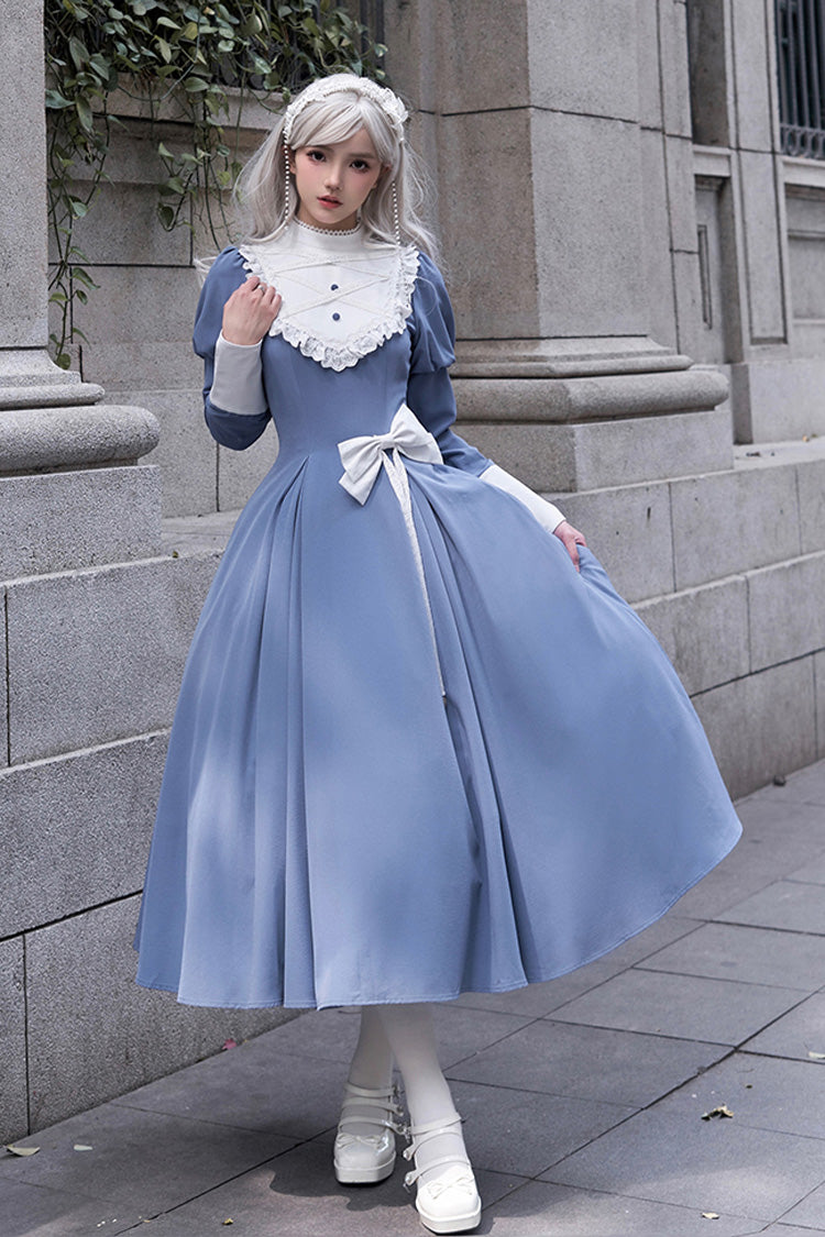 Blaues Lolita-Kleid im Nonnenstil mit Stehkragen, langen Ärmeln, Rüschen und Schleife, klassisch, elegant