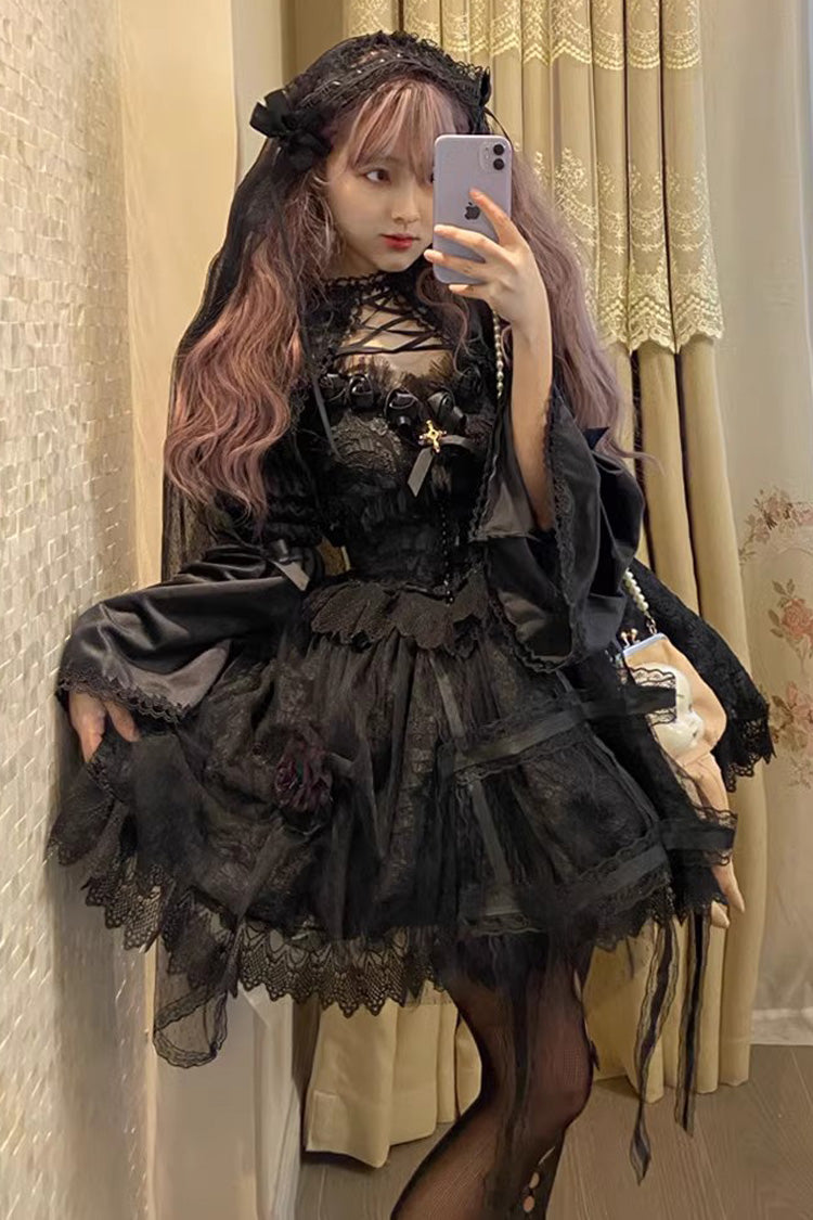 Schwarzes [Rose Cage] Rüschenschleife Spitzennetz Gothic Elegantes Lolita Jsk Kleid