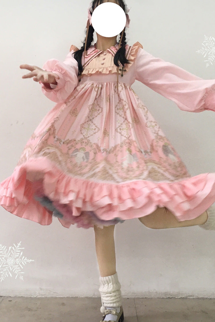 [Angel's Redemption] Long Sleeves Angel Print Ruffle Bowknot Sweet Lolita Dress 3 Colors