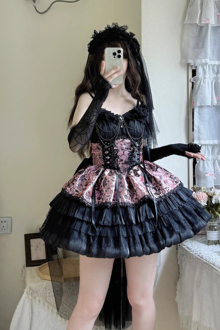 Schwarz/Rosa Gothic Lolita Jsk Kleid mit Rüschen und „Ancient Dream of the Dark Night“-Aufdruck