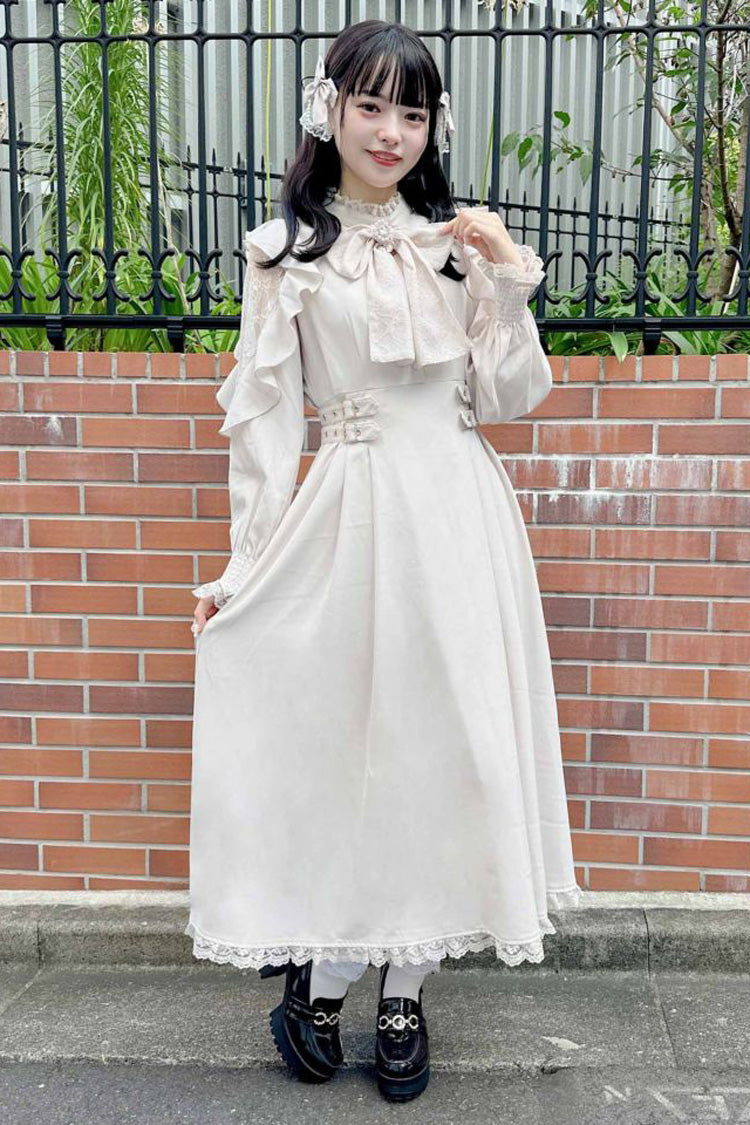 White Stand Collar Off Shoulder Long Sleeves Hollow Bowknot Slim Jirai Kei Japanese Dress