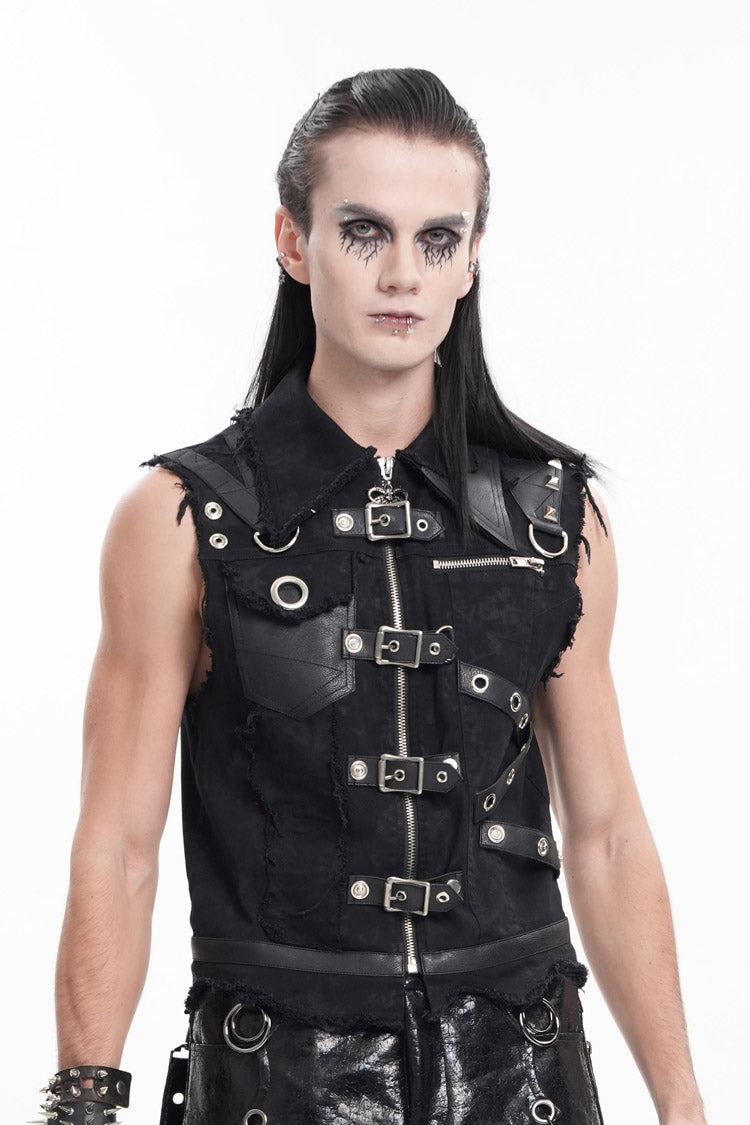 Black Lapel Collar Sleeveless Ripped Buckle Eyelets Men's Gothic Vest