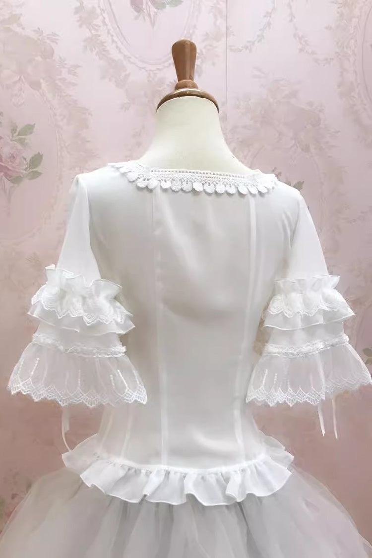 Süße Lolita-Bluse mit Spitze und quadratischem Kragen in Weiß und Hime-Ärmeln