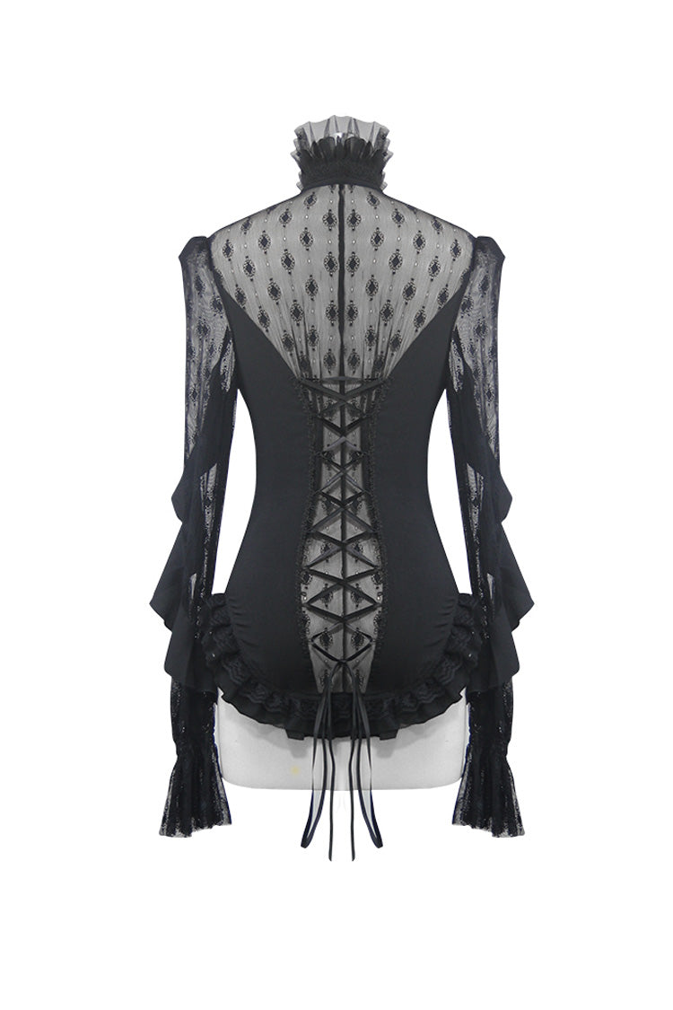 Black Chiffon High Collar Front Chest Beaded Flowers Lace Cuff Back Waist Lace Up Women's Gothic Blouse