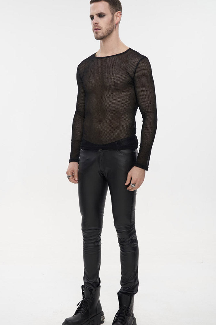 Black Gothic Elasticity High Neck Long Sleeve Mesh Men's Shirt