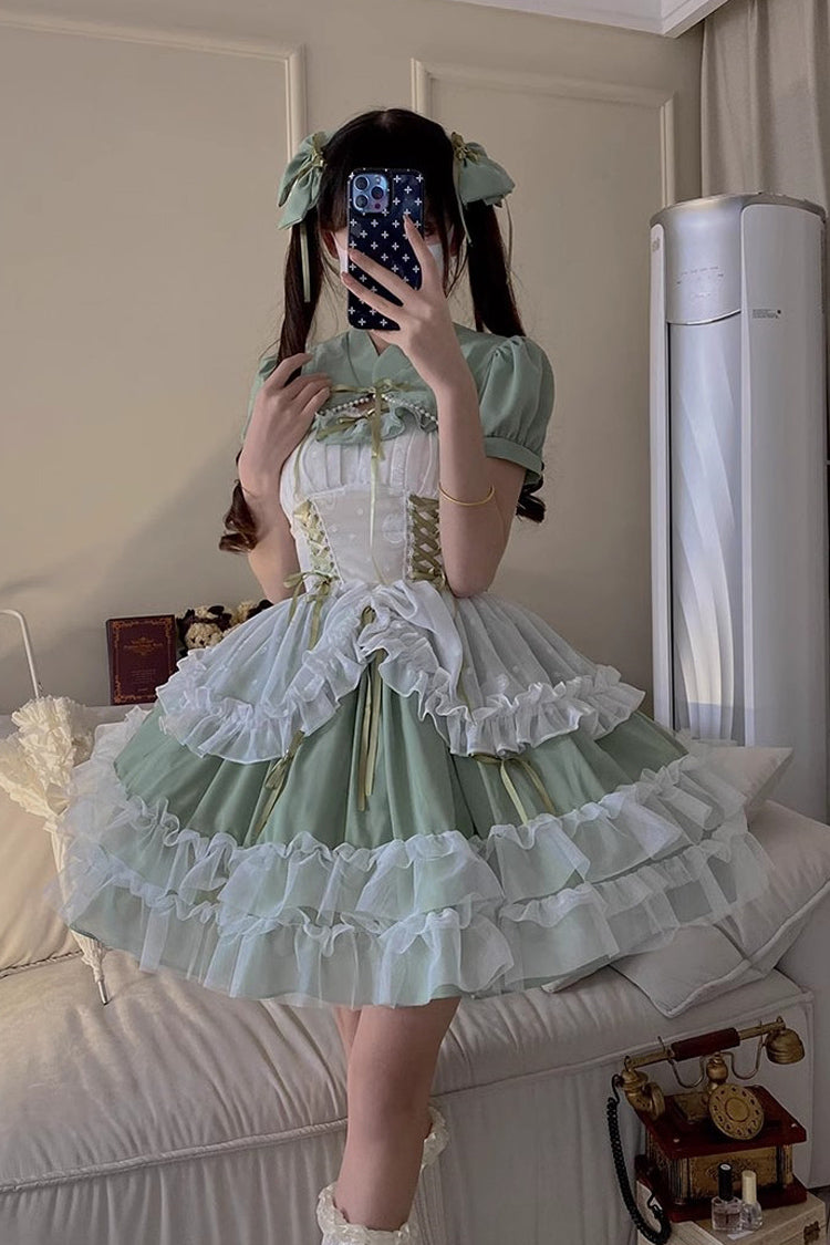 Grünes, mehrlagiges Hanayome-Spitzenkleid mit Rüschen und Schnürung in Übergröße, süßes Lolita-JSK-Kleid (kurze Version)