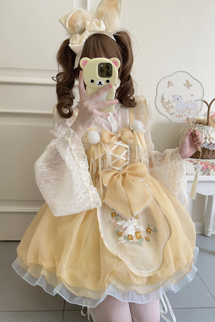 Yellow [Moon Rabbit Shadow] Embroidery Ruffle Bowknot Lace Sweet Lolita Jsk Dress