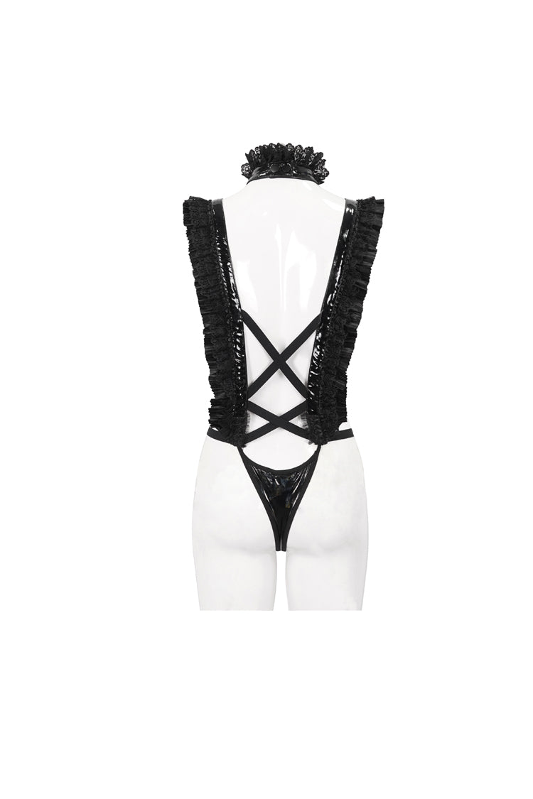 Schwarzer Stretch-Lackleder-Cutout-Spitzenrüschenknopf-Gothic-Bodysuit für Damen