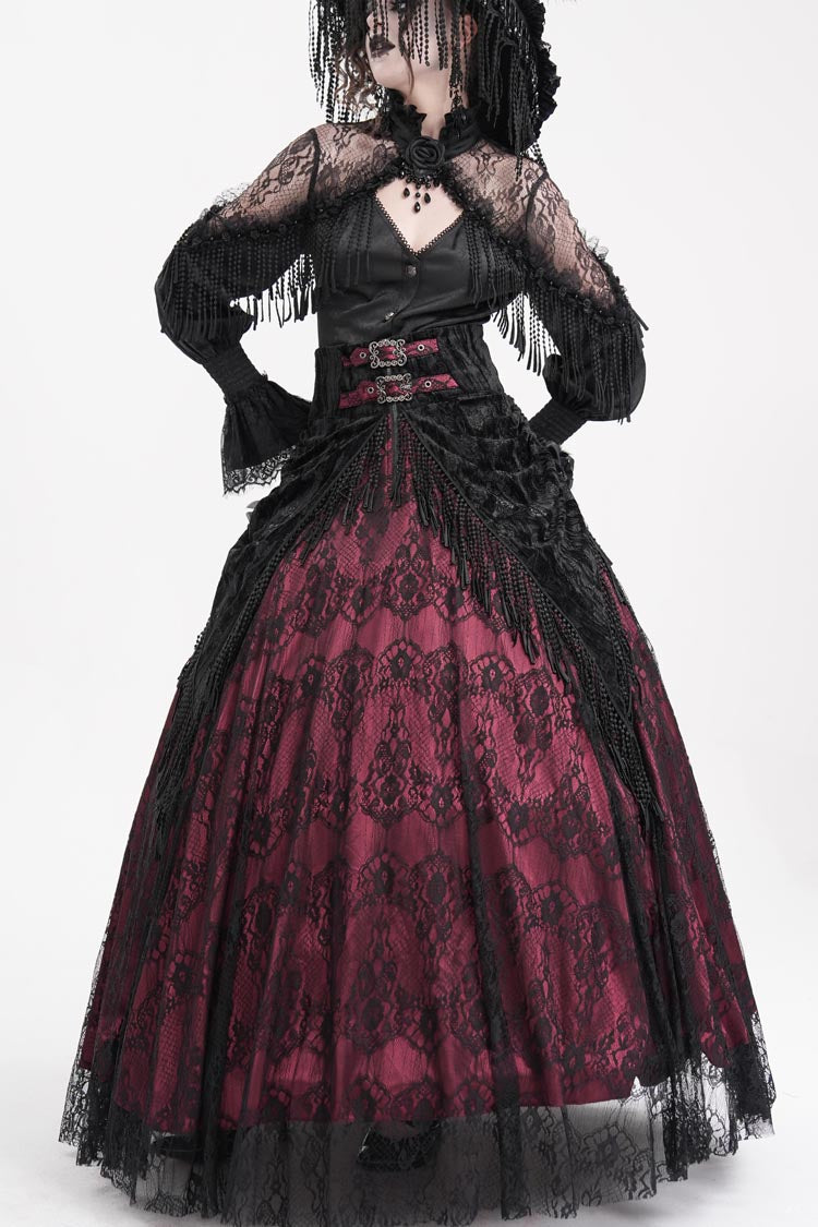 Wine Red Print Embroidery Tassels Buckle-up Lace-Up Women's Gothic Long Skirt