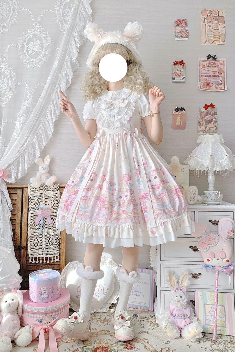 Elfenbeinfarbenes süßes Lolita JSK-Kleid mit Katzen-Print und hoher Taille, Rüschen und Schleife