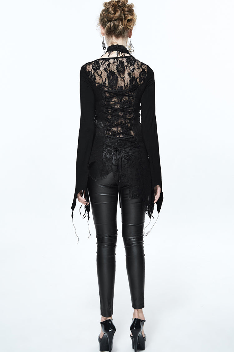 Black Asymmetric Lace Woolen Splice Rose Mesh Chest Hollow Applique Hem Women's Gothic Sweater