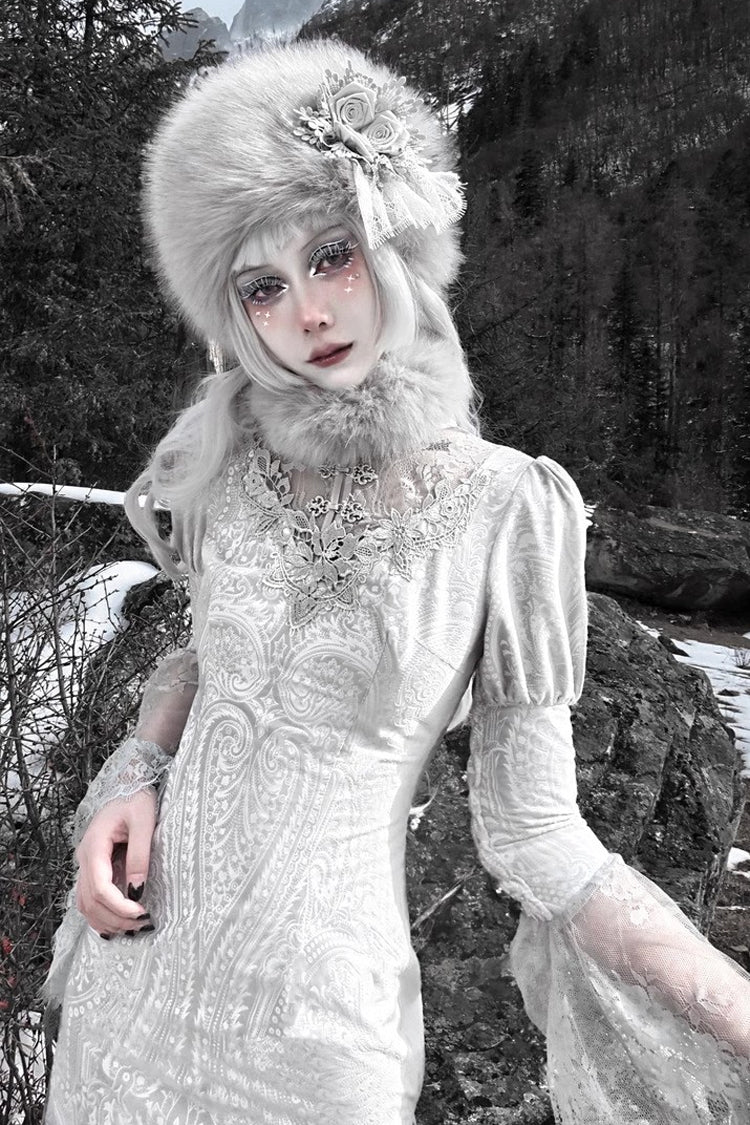 Silver [The Call of the Snow Country] V Collar Long Sleeves High Waisted Ruffle Lace Gothic Lolita Fishtail Dress