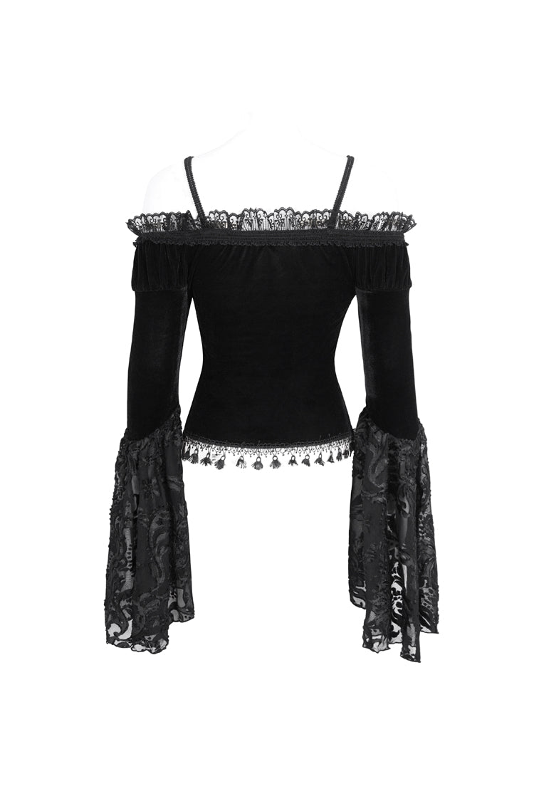 Black Off Shoulder Trumpet Sleeves Embroidery Lace Women's Gothic Blouse