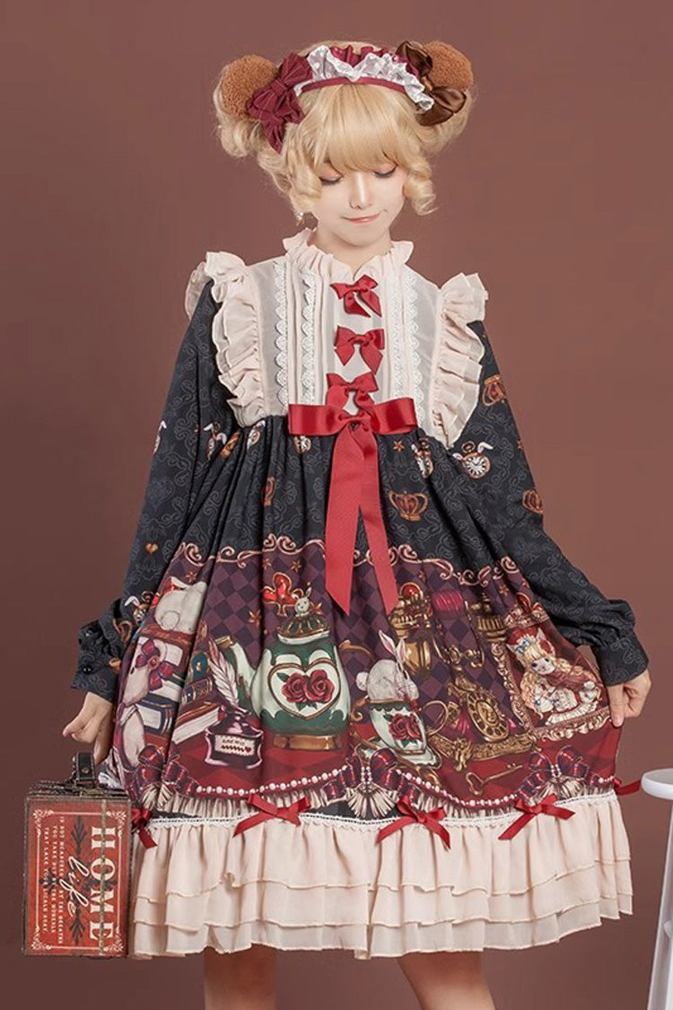 [Rabbit and Bear Feast]  Long Sleeves Multi-Layered Print Ruffle Bowknot Sweet Lolita Dress 2 Colors