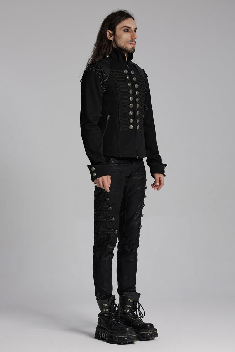 Black/Silver Stand Collar Long Sleeves Lace-Up Buttons Men's Punk Jacket