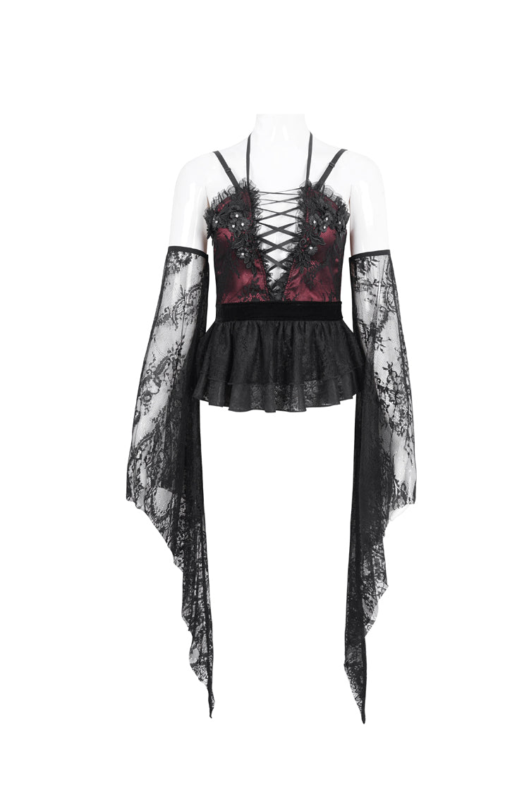 Red Embroidery Stitching Lace Lace-Up Women's Gothic Blouse