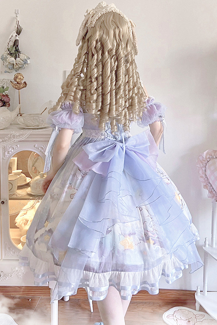 Blue [Walking In The Clouds] Print Ruffle Bowknot Lace Sweet Lolita Jsk Dress Full Set