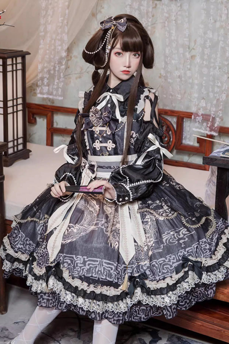 Schwarzes [Yuelong Poetry] Bedrucktes Rüschen-Spitzen-Lolita-Jsk-Kleid im chinesischen Stil