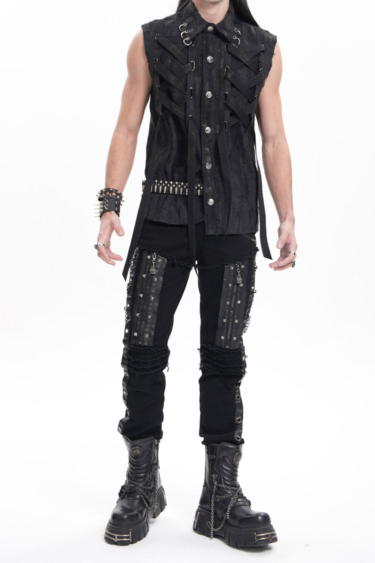 Black Stitching Eyelets Chains Studs Men's Gothic Pants