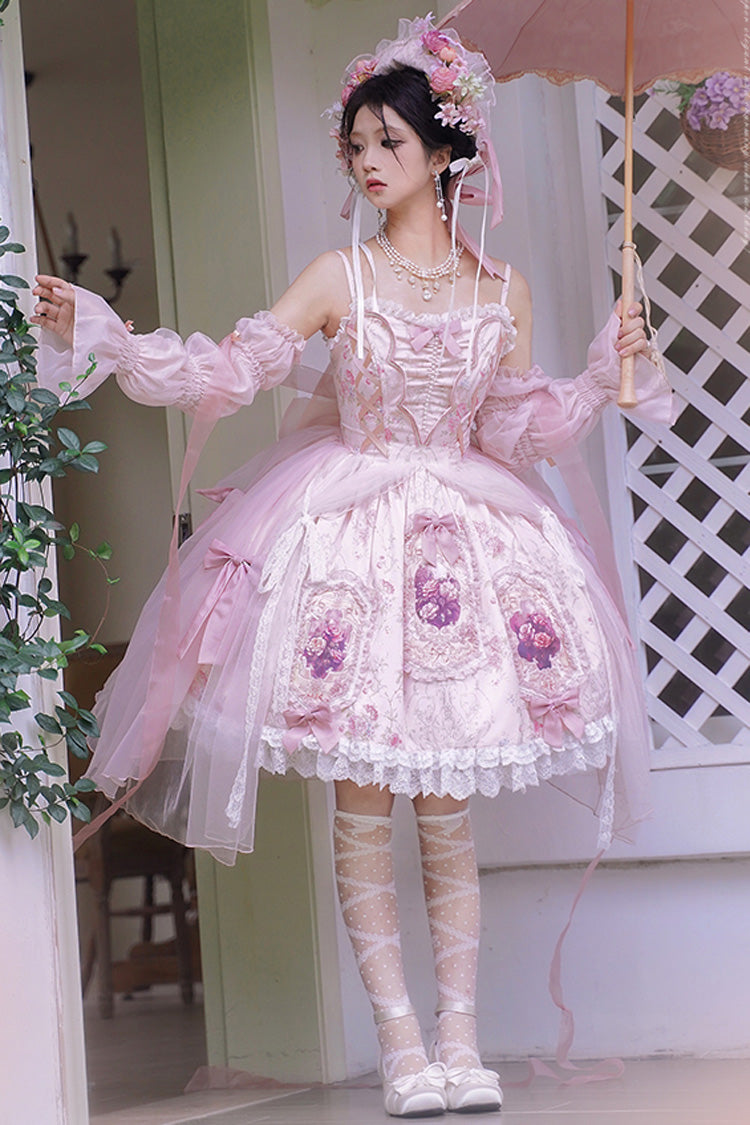 Pink [Rose Window] Print Ruffle Bowknot Lace Sweet Elegant Princess Lolita Jsk Dress