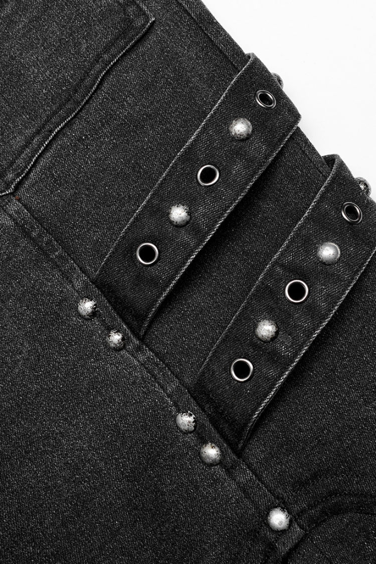 Black Skull Buckles Stitching Metal Nails Men's Steampunk Pants