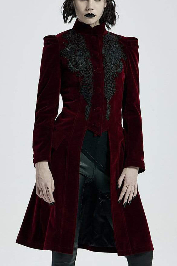 Red Gothic Velvet Stand Up Collar Front Chest Decals Back Waist Lace Up Women's Coat