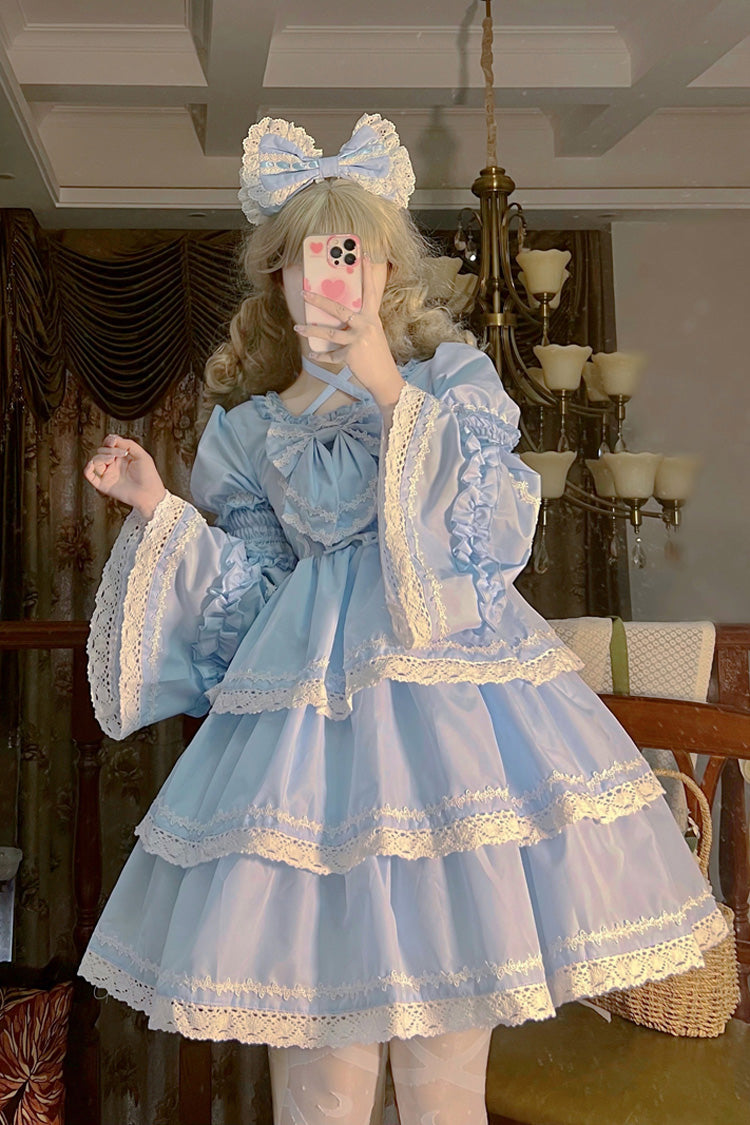 Blue Triple-Layered Detachable Sleeves Bowknot Lace-Up Sweet Lolita Dress