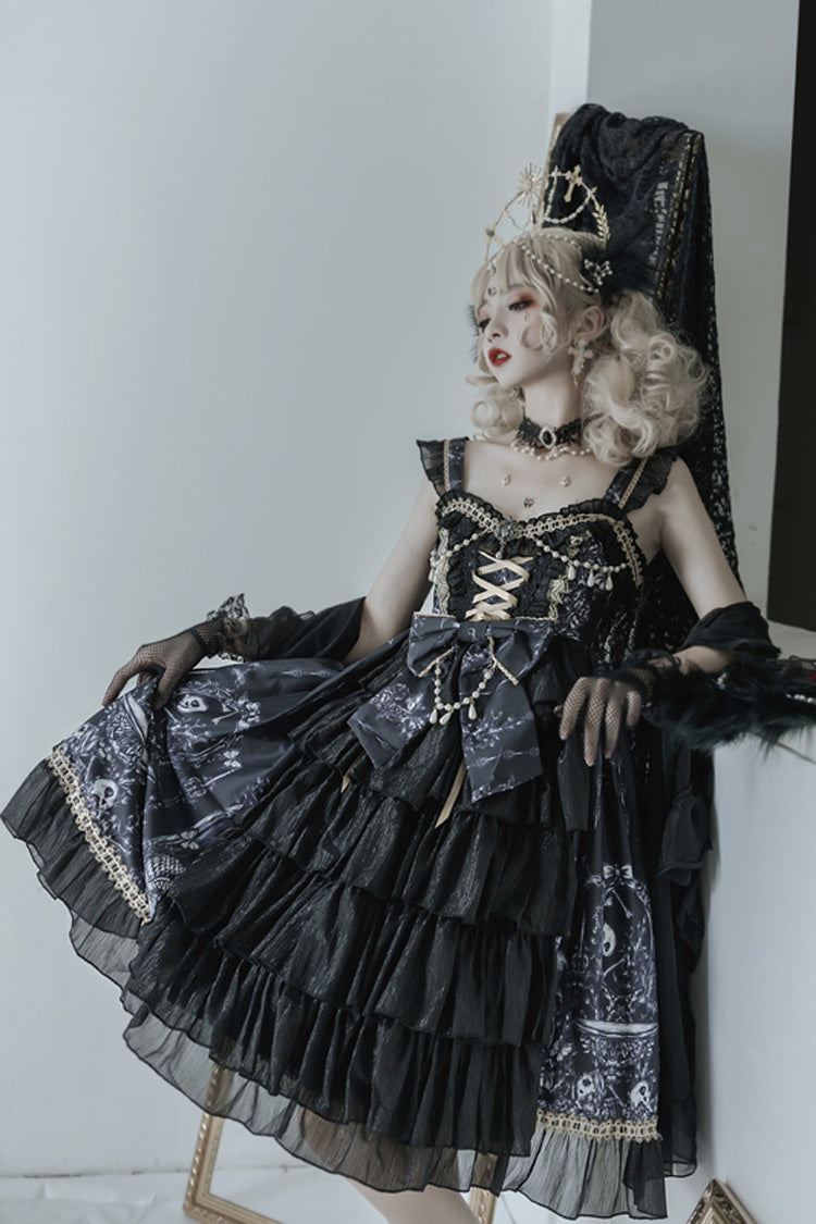 Schwarzes Rüschen-Cardigankleid mit Drachenreiter-Print, Schleife und Spitze, Gothic-Lolita-JSK-Kleid