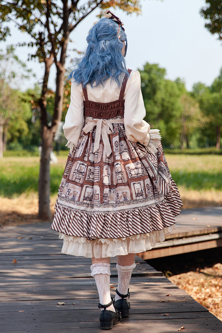 Brown [Underground Bear] Print Ruffle Bowknot Sweet Lolita Dress