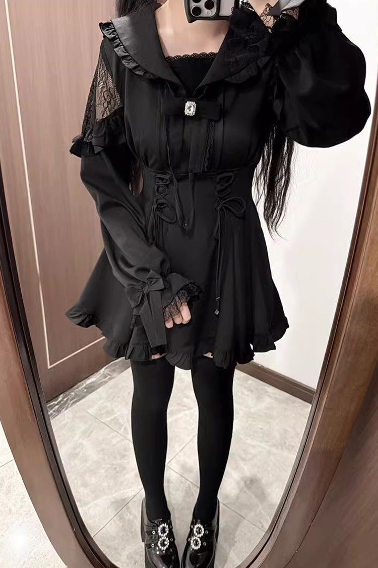 Black [Truffle Forest] Long Sleeves Ruffle Stitching Lace-Up Jirai Kei Japanese Dress Shorts Set