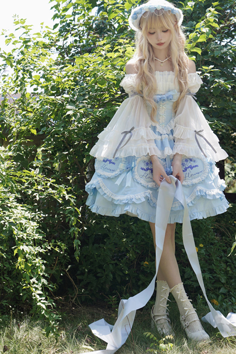 Blau [Butterfly Dream] Mehrlagiges Rüschen-Schleifen-Prinzessinnen-Lolita-Jsk-Kleid