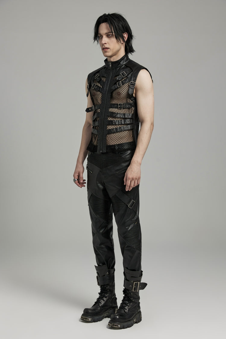 Black Multi-buckles Hollow Mesh Faux Leather Men's Punk Vest