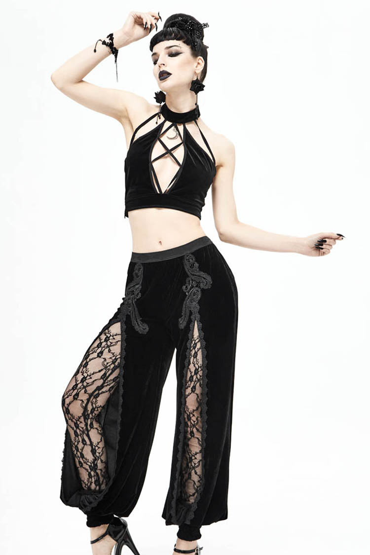 Black Gothic Front Decals Split Splice Mesh Velvet Women's Pants