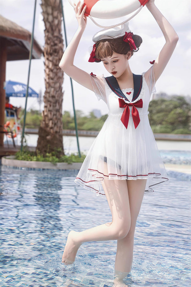 White/Blue/Red Bowknot Short Sleeves Navy Cute Sweet Lolita One Piece Swimsuit