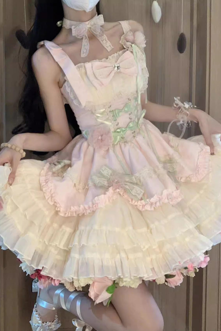 Pink/Ivory Ballet Style Garden Multi-layer Ruffle Bowknot Lace Sweet Lolita Jsk Dress