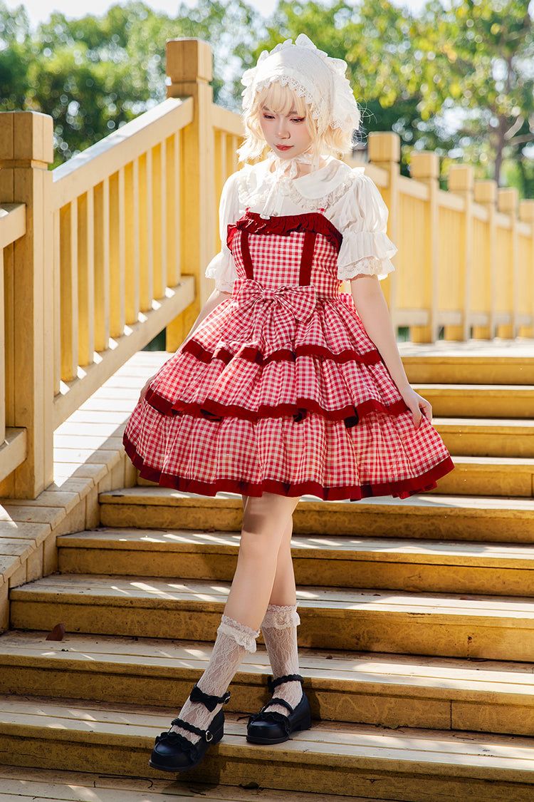 Rotes [Cloth Cat] Süßes Lolita-Kleid mit dreilagigem Karomuster, Rüschen und Schleife