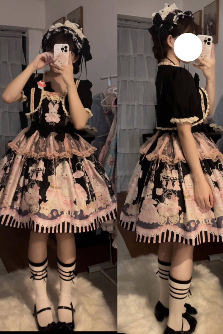 Süßes Lolita-Kleid mit Kaninchen-Bär-Druck, Rüschen und Schleife, 3 Farben