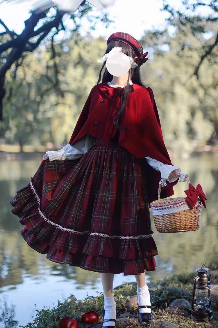 Red [Little Red Riding Hood] Double-Layered Plaid Print Ruffle Bowknot Sweet Vintage Lolita Jumper Dress