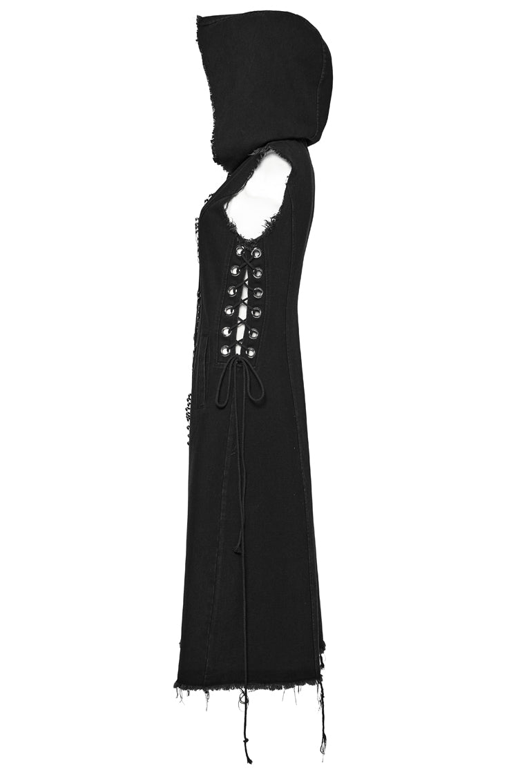 Black Side Drawstring Sleeveless Pin Decoration Hooded Womens Steampunk Long Vest