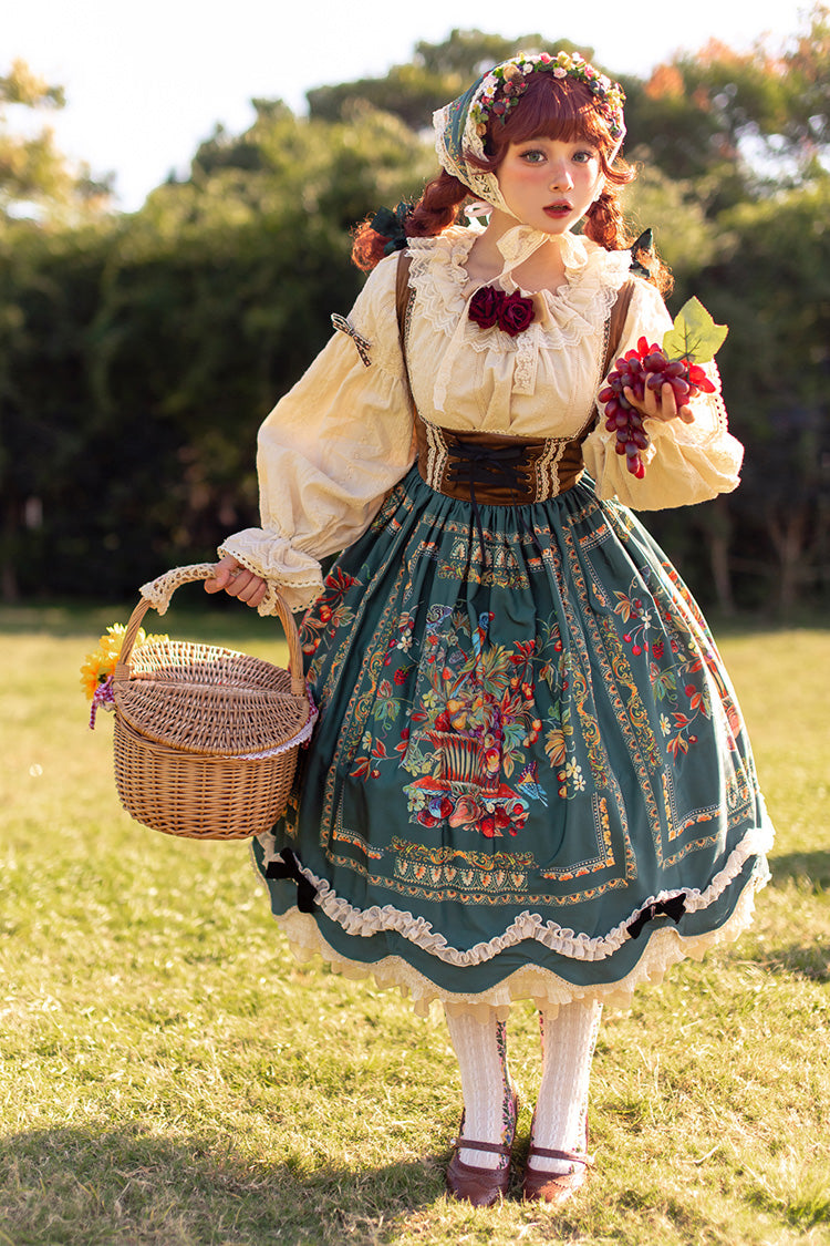 Green [Ode to Plenty] Berries and Birds Print Ruffle Bowknot Velvet Classic Lolita Breast Support Jsk Dress