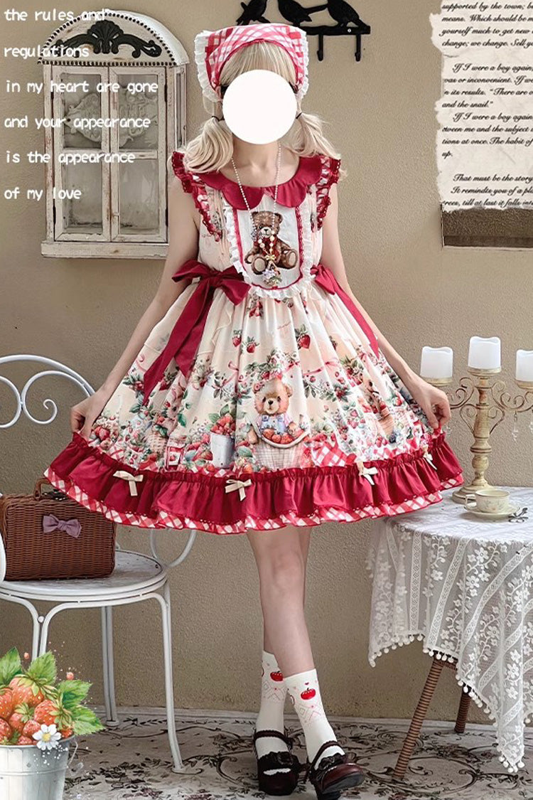 Red [December Strawberry Bear] Print Ruffle Bowknot Sweet Lolita Dress