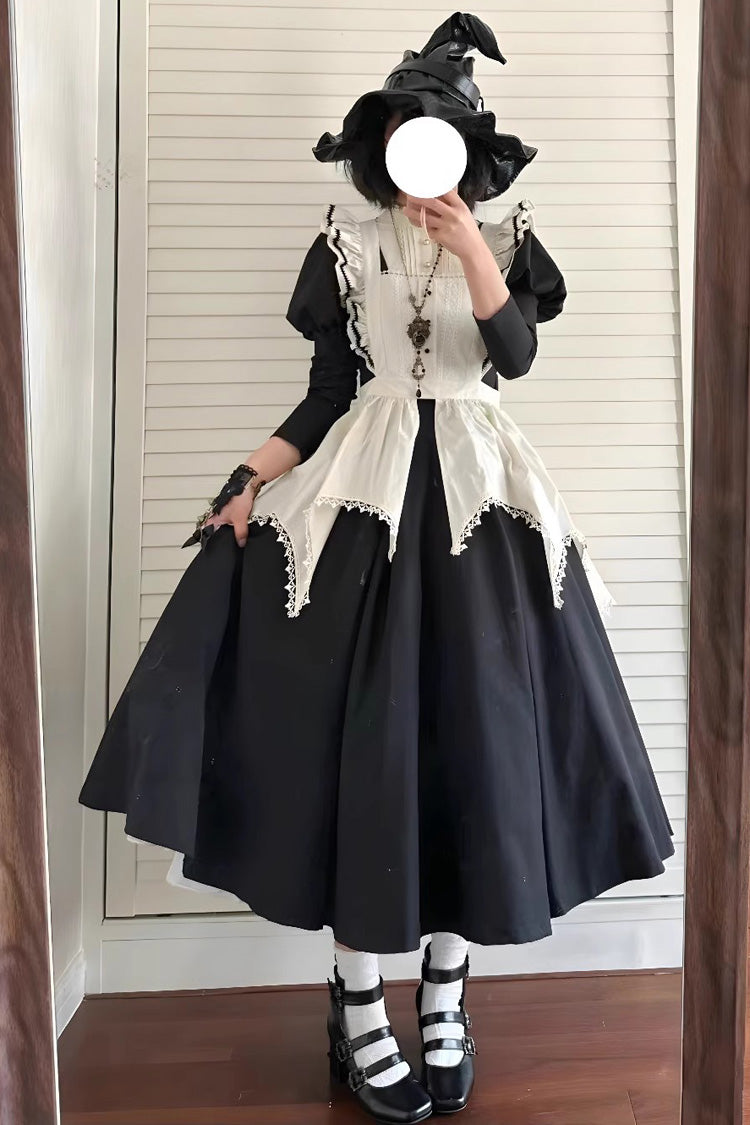 黒/白の修道女風メイドロングパフスリーブスリムゴシックロリータドレス