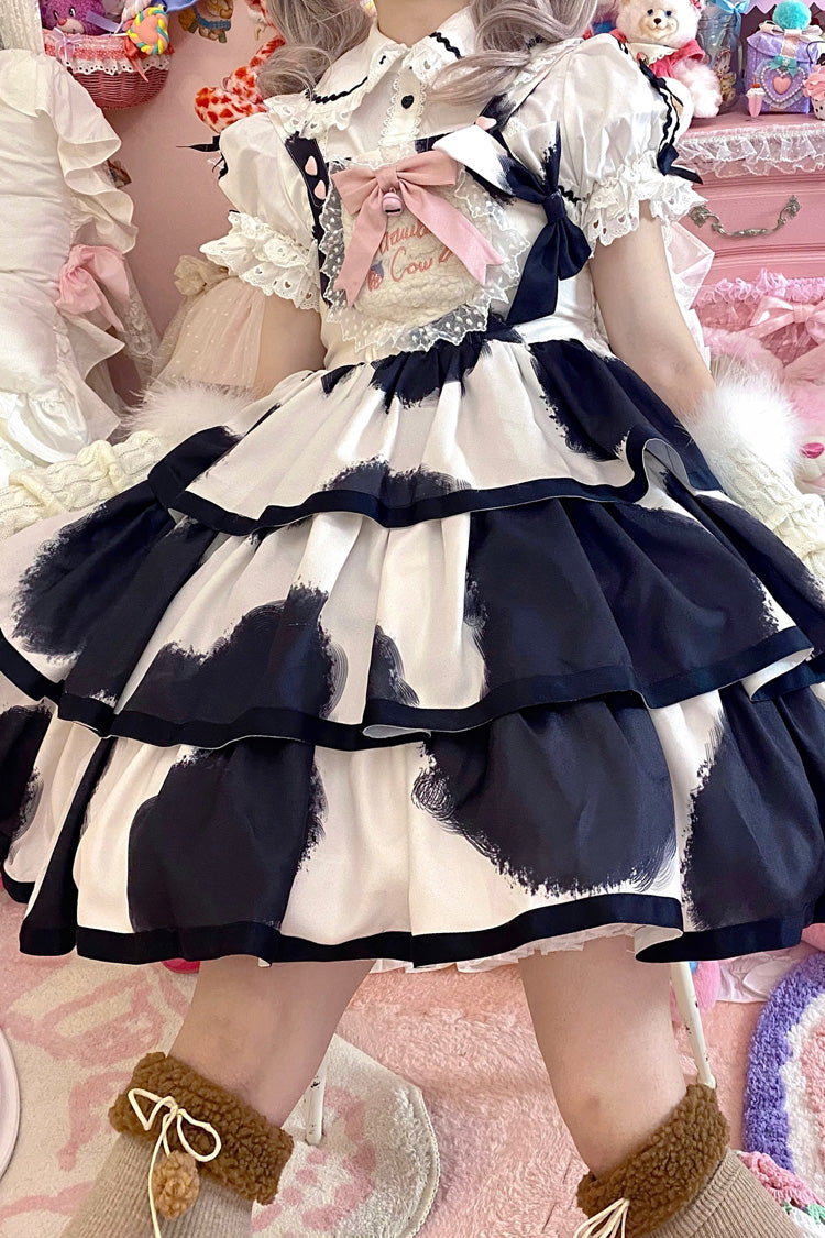 Black Sleeveless Triple-Layered Cow Print Ruffle Bowknot Sweet Lolita Jsk Dress