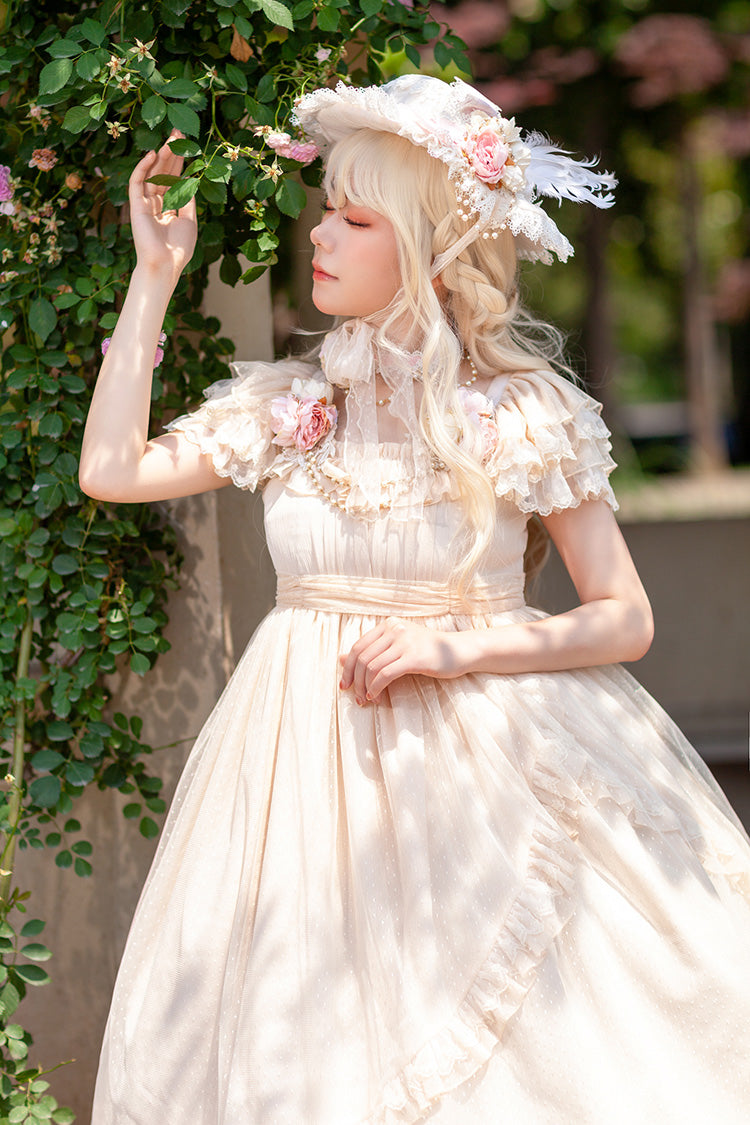 Apricot [Moon goddess *Mediana*] Polka Dot Print Ruffle Bowknot Asymmetric Sweet Elegant Lolita Dress