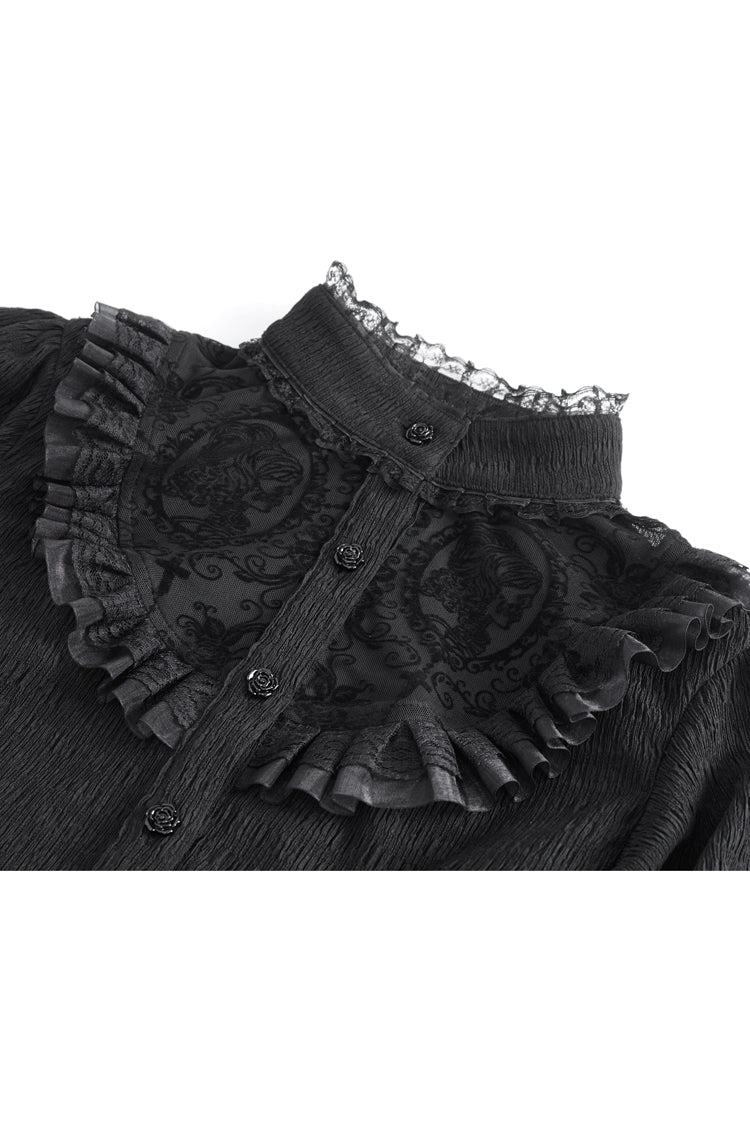 Schwarze Gothic-Bluse mit Stehkragen und Trompetenärmeln, Rüschen, Stickerei und Spitze für Damen