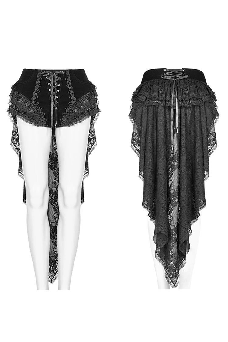 Black Ruffle Lace Lace-Up Women's Gothic Shorts with Long Train