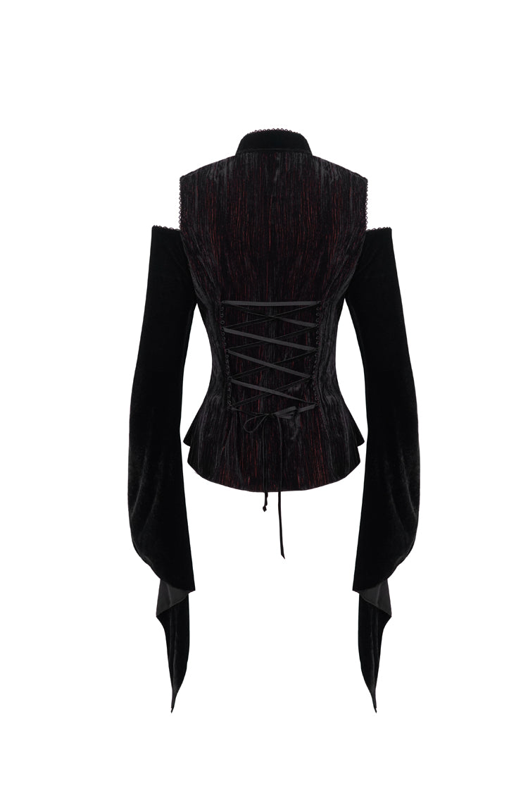 Black/Red Velvet Off-The-Shoulder Cutout Metal Button Flared Sleeve Lace-Up Women's Gothic Shirt