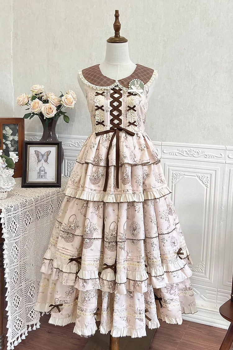 Multi-Color Evening Time Multi-Layered Print Ruffle Bowknot Lace-Up Sweet Elegant Lolita Dress