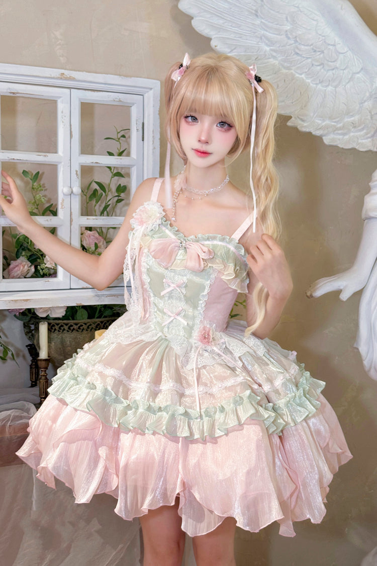 Pink/Green Summer Garden Ruffle Embroidery Bowknot Lace Sweet Lolita Jsk Short Dress